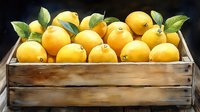 Fresh ripe yellow lemons with green leaves arranged in rustic wooden crate against dark background, natural organic citrus fruit composition for food design.