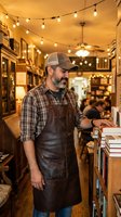 Smiling middle-aged Caucasian bookstore owner in leather apron and plaid shirt browsing books under warm string lights in cozy independent bookshop interior.