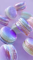Floating iridescent macarons with holographic pearl effect against purple background, creating magical pastel dessert composition with ethereal glow and sparkle.