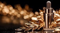 Luxurious metallic serum dropper bottle with golden decorative elements on dark background with bokeh lights, elegant cosmetic product photography.