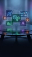 Futuristic holographic business dashboard with glowing data analytics icons floating above modern glass table in neon-lit digital workspace environment.