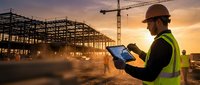 Construction engineer in safety gear using tablet at building site during golden hour sunset with crane and steel framework structure in background.