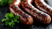 Grilled sausages with charred grill marks and caramelized surface served on dark stone plate with fresh parsley garnish, showcasing juicy meat texture and smoky appeal.