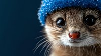 Adorable hedgehog wearing blue knit winter hat with bright eyes and whiskers against dark background for seasonal wildlife photography and cute animal content.