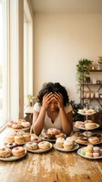 Overwhelmed woman with head in hands surrounded by excessive sweet treats and desserts on wooden table in bright kitchen interior.