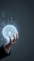 Businessman holding glowing digital globe with network connections, representing global business, technology innovation, and worldwide digital communication for corporate and tech concepts.