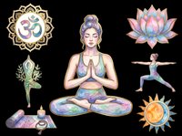 Yoga clipart set with meditating woman, lotus flower, om symbol, sun, poses, mat and candle, isolated on transparent background, ready for stickers, t-shirt design, print on demand.