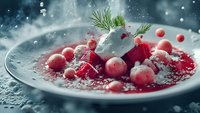 Fresh cranberries and ice crystals on gray plate with dill garnish in moody winter setting, dramatic lighting creates magical frozen atmosphere.