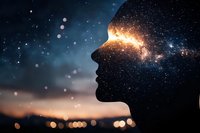 Silhouette profile against starry cosmic background with glowing nebula effect merging human consciousness with universe, spiritual awakening concept.