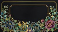 Elegant dark floral frame with gold border, colorful roses and green leaves on black background, for wedding invitations and luxury cards.