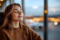 Young woman in brown sweater with closed eyes and serene expression against window with blurred city lights bokeh background creating peaceful atmospheric mood.