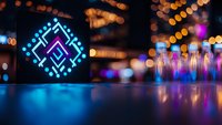 Glowing blue geometric neon sign against blurred city nightlife background with colorful bokeh lights reflecting on glossy surface creates modern urban atmosphere.