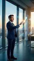 Professional businessman analyzing holographic financial data charts and graphs in modern office with city skyline view for business presentations.