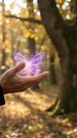 Hand holding glowing purple neon butterfly in autumn forest with golden bokeh background. Concept for magic, wonder, transformation, and nature spirituality.