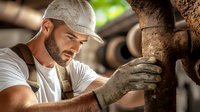 Caucasian male plumber in work uniform and cap fixing old rusty pipes, wearing protective gloves while performing maintenance and repair work in basement.