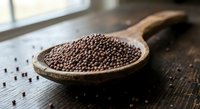 Organic coriander seeds in wooden spoon on rustic table for cooking spices seasoning culinary herbs natural ingredients kitchen preparation.