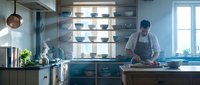 Professional male chef in white uniform and apron preparing food in modern commercial kitchen with stainless steel equipment and natural lighting from windows.