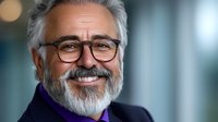 Confident mature Hispanic businessman with gray beard and glasses smiling warmly at camera. Professional corporate portrait with blurred background.