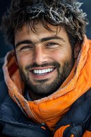 Cheerful Mediterranean male model with snow-frosted hair wearing orange winter scarf and black jacket smiles broadly showing white teeth in outdoor winter setting.