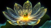 Glowing translucent lotus flower with sparkling golden particles and luminous center against dark background, creating magical ethereal effect in nature macro photography.