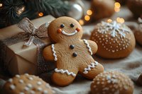 Smiling gingerbread man cookie with white icing decoration next to wrapped gift and holiday cookies against blurred Christmas lights and pine branches background.