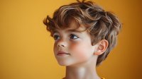 Young Caucasian boy with curly blonde hair and freckles looking thoughtfully against vibrant yellow background, portrait in soft natural lighting.