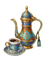 Ornate golden teapot with turquoise and blue enamel detailing alongside matching teacup and saucer, isolated on white background for design use.