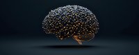 Glowing neural network in shape of human brain with interconnected nodes and golden light points floating on dark background, artificial intelligence concept.