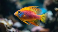Vibrant tropical fish with orange, yellow and blue coloring swimming in aquarium setting against dark background, displaying detailed fins and scales for nature photography.