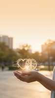 Hand holding glowing heart and brain symbol representing balance between emotion and logic in urban sunset setting for wellness and mindfulness concepts.