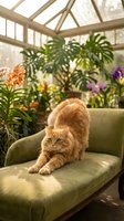 Ginger cat stretching on green armchair in sunlit greenhouse surrounded by tropical plants and colorful flowers, perfect for pet and interior design projects.
