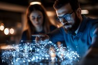 Bearded Caucasian male engineer in glasses analyzing glowing digital network data with female colleague in modern tech office environment.