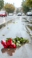 Red roses lying on wet asphalt street with traffic and trees blurred in background, symbolizing loss, memorial, or grief in urban setting.