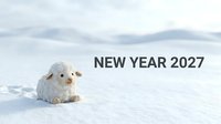 White fluffy rabbit sitting in snowy landscape with New Year 2027 text overlay, winter holiday greeting card design for seasonal celebrations.