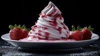 Soft serve ice cream swirl with strawberry syrup drizzle on white plate, garnished with fresh strawberries against dark background, dramatic food photography.