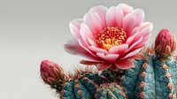 Pink cactus flower in full bloom with two unopened buds on teal-green succulent plant against neutral gray background.