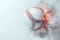 Baseball with flames and smoke on white background, symbolizing power, speed, and intense sports competition for advertising designs.