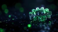 Glowing green gear hologram floating over dark circuit board surface with bokeh light effects, representing digital transformation and technological innovation.