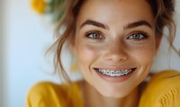 Young Caucasian woman with freckles and braces smiling warmly at camera, wearing yellow sweater against light background, natural daylight illuminating genuine expression.