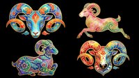 Colorful ornamental ram and goat zodiac symbols with decorative swirls and patterns, isolated on transparent background. Ready for t-shirt design, clipart, stickers, sublimation and print-on-demand products.