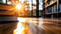 Sunlight streaming through window creates dramatic rays across wooden library table with stack of books, capturing magical morning atmosphere in study space.