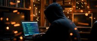 Hooded hacker working on laptop with code in dark room with warm bokeh lights. Cybersecurity threat, data breach, anonymous programming concept for security awareness.