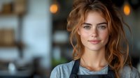 Young female barista with messy ginger hair wearing gray shirt and black apron smiles warmly at camera in cafe setting with soft bokeh lights in background.
