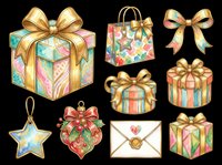 Colorful gift boxes with golden bows, shopping bags, and festive ornaments isolated on transparent background. Ready for t-shirt designs, stickers, clipart, sublimation, and print-on-demand products.