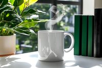 Steaming white coffee mug on sunny windowsill with green plant and books, morning light casting shadows, cozy home atmosphere for relaxation and reading.