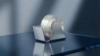 Modern metallic tape dispenser with clear adhesive tape on reflective blue surface with dramatic lighting and shadows for office supplies.