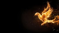Majestic phoenix bird made of golden flames and sparks rising against dark background, mythical creature symbol of rebirth and transformation.