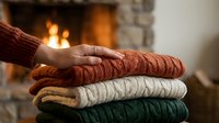 Stacked cozy knit sweaters in warm autumn tones with hand holding top garment near fireplace for home comfort and seasonal lifestyle content.