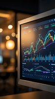 Stock market trading dashboard displayed on monitor screen with candlestick charts, price data, and volume indicators for financial analysis and investment decision-making.