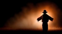 Silhouette of cowboy with hat standing in field at dramatic sunset with orange glowing sky and grass landscape for western themed designs.